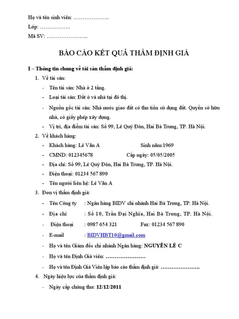 Dịch báo cáo kết quả thẩm định giá