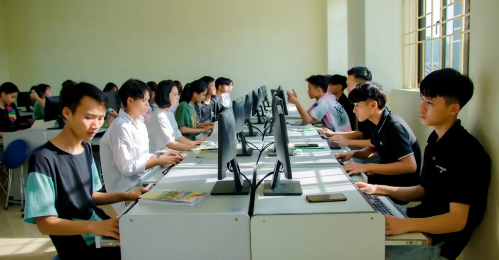 A group of students focused on computer tasks in a classroom setting, fostering teamwork.